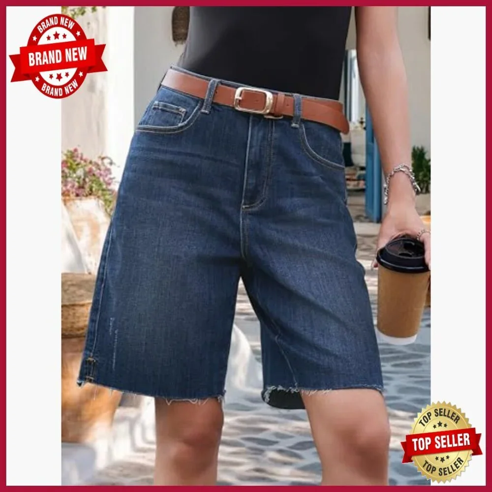 High Waisted Baggy Denim Bermuda Shorts Ripped Distressed Casual